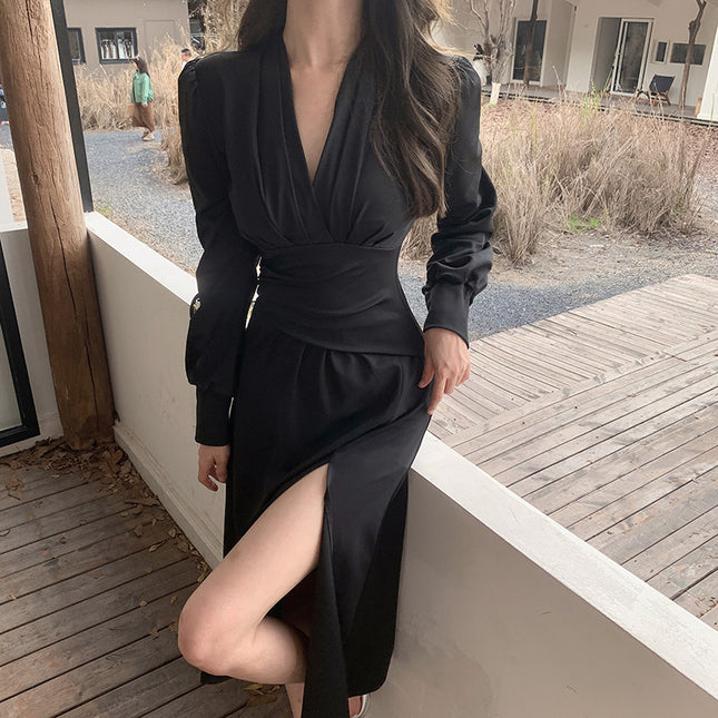 Pleat And Waisted Lantern Sleeve Dress Simple Adult Lady Like Woman Style