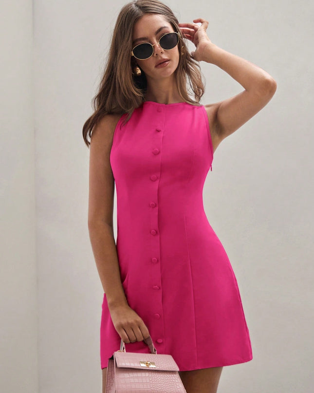 Women's Solid Color Temperament Breasted Sleeveless Dress