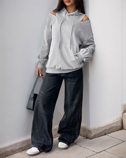 European And American Long Sleeve Drawstring Hooded Pullover Sweater Women's Solid Color High Grade Gray