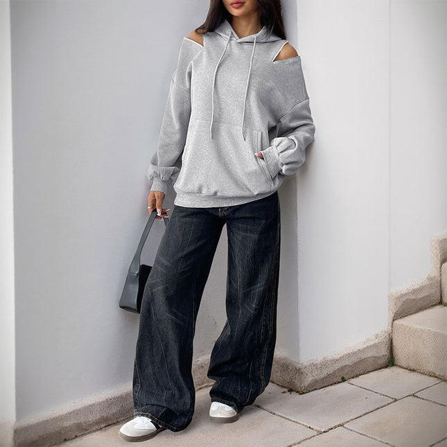 European And American Long Sleeve Drawstring Hooded Pullover Sweater Women's Solid Color High Grade Gray
