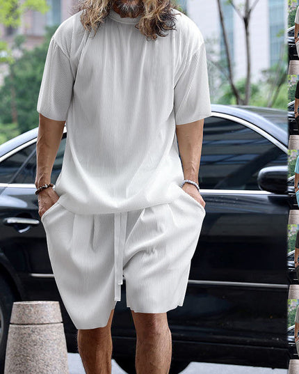 Ice Silk Sunken Stripe Loose Short Sleeve Shorts Men's Casual Suit