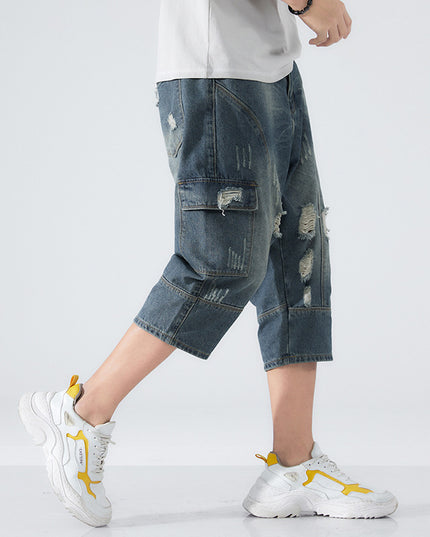 Men's Loose Elastic Waist Printed Cropped Jeans