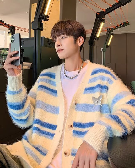 Autumn And Winter Striped Cardigan Sweater Coat For Men