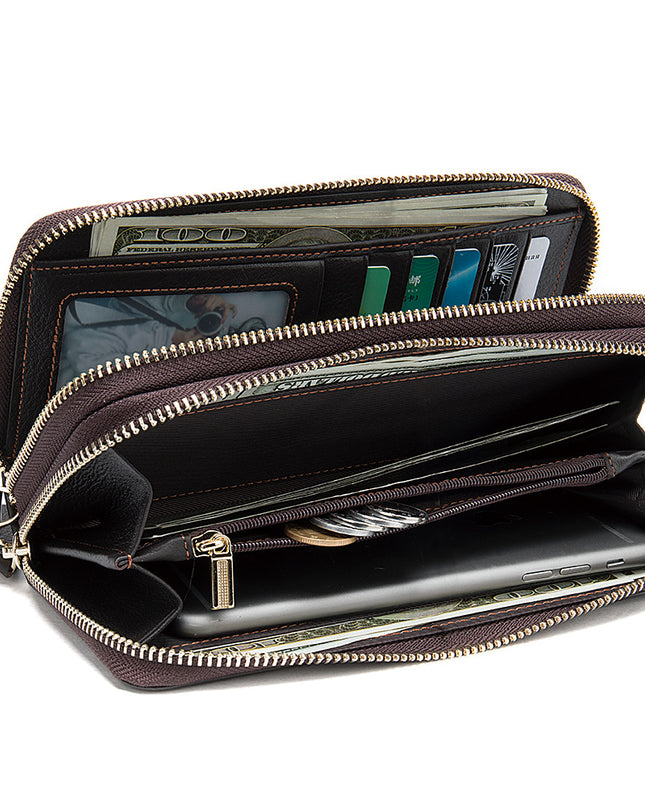 Men's Double Zipper Wallet Long First Layer Cowhide Large-capacity Handbag
