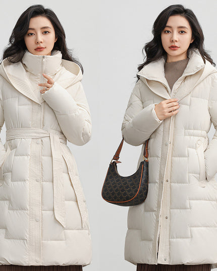 Women's Winter New Waist Trimming Fashion Mid-length Hooded Below-the-knee Coat