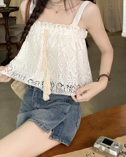 Hollow-out Crocheted Wooden Ear Lace Camisole