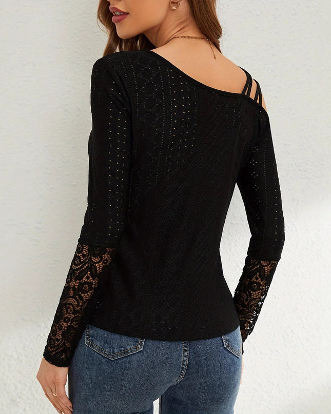 European And American Asymmetric Cross Off-shoulder Design Lace Stitching Coat