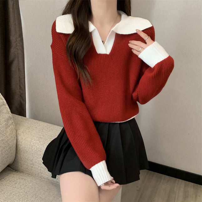 Contrast Color Polo Collar Soft Glutinous Sweater Women's Autumn And Winter
