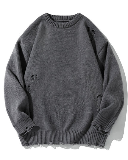 Retro Hollow-out Ripped Design Round Neck Sweater