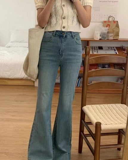 High-waisted, High-elastic, Slim-fitting, Brushed-color, Split-flared Jeans