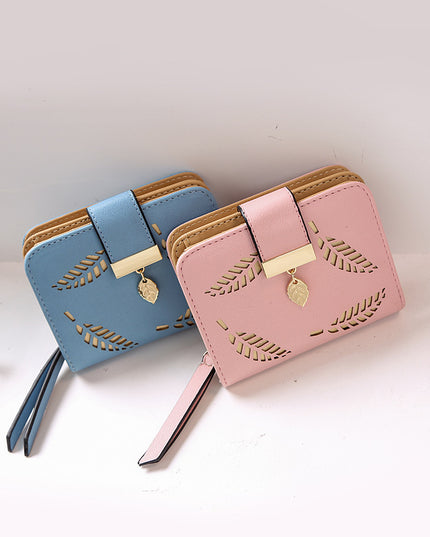 New Korean Women's Wallet Short Hollow Clutch Bag Leaf Zipper Buckle Bills Card Pack