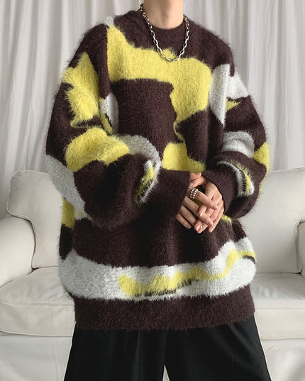 Striped Round Neck Men's Loose Sweater