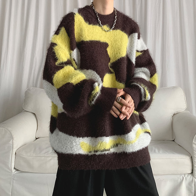 Striped Round Neck Men's Loose Sweater