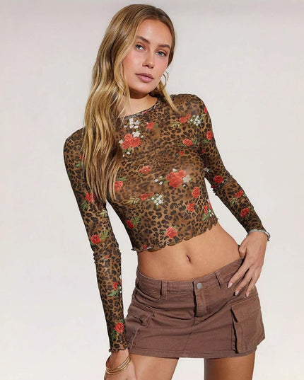 Leopard Print Flower Printed Mesh Round Neck Short Long-sleeved
