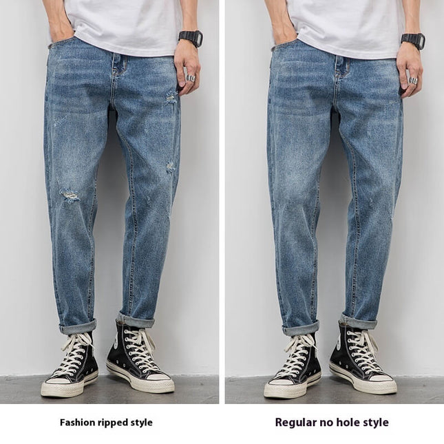 Men’s Light Blue Straight Jeans – Loose Fit, Ripped or Non-Ripped, Cotton Comfort