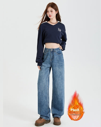 Vintage Blue High Waist Velvet Padded Straight Jeans