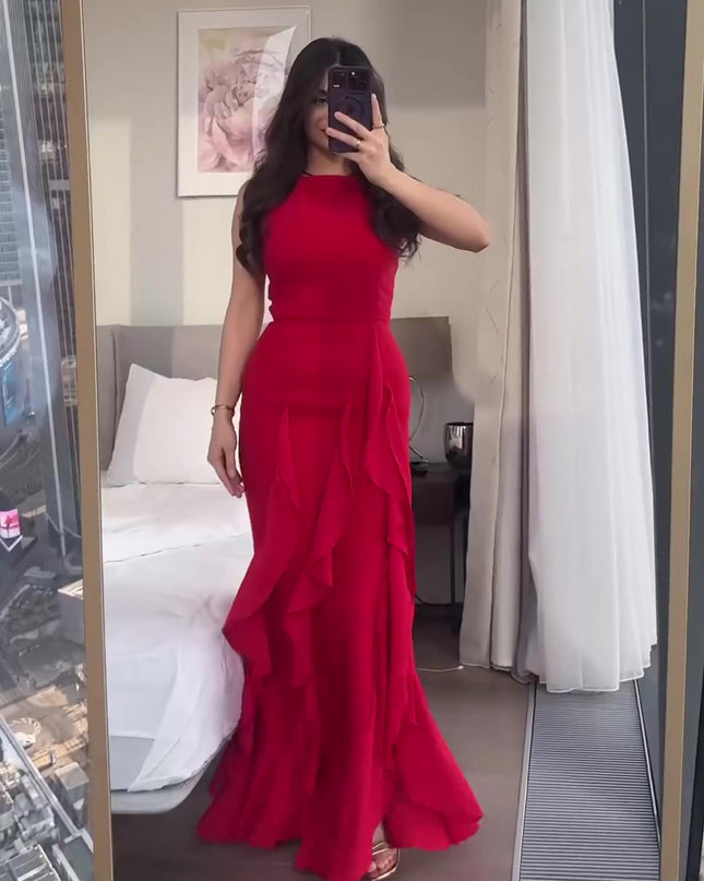Red Ruffled Sleeveless Maxi Dress