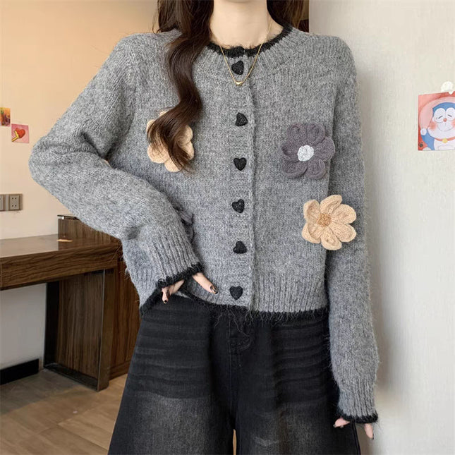 French Style Temperament Flower Round Neck Sweater Short Knitted Cardigan