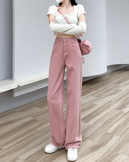 Dirty Pink Wide Leg Denim Women's High Waist Slimming Loose Straight Mop Pants