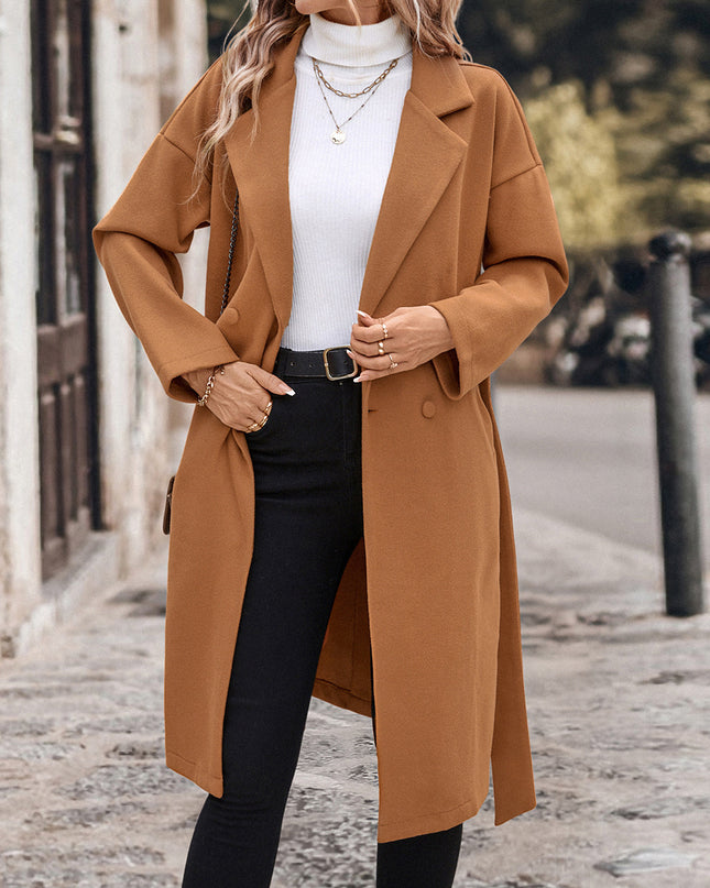 Women's Lace-up Extended Solid Color Woolen Coat