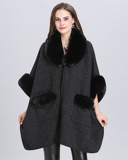Ladies Fur Collar Lapel Pocket Wool Cardigan Jacket