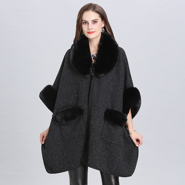 Ladies Fur Collar Lapel Pocket Wool Cardigan Jacket