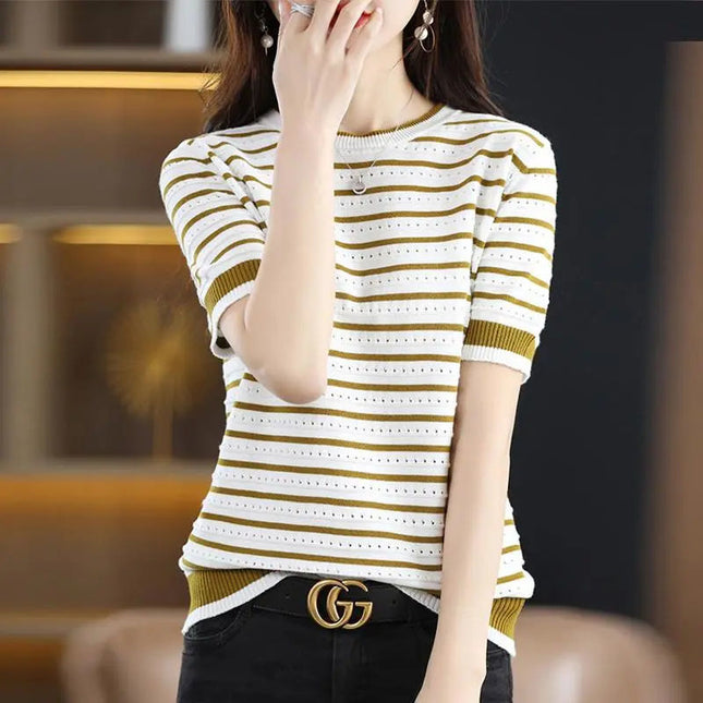 Loose Color Matching Striped Hollow Knitted Shirt