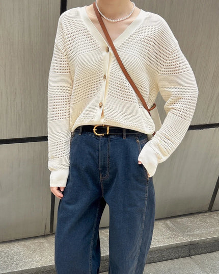 White Dignified Hollow Cardigan Outer Wear Sweater