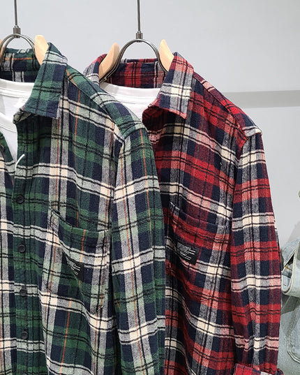 Green Plaid Cotton Long Sleeve Shirt