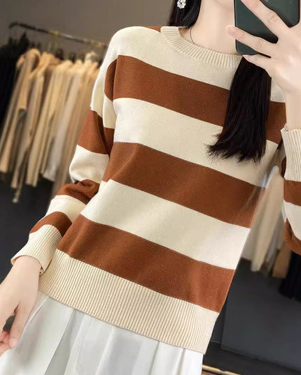 Women's Round Neck Sweater Loose-fitting Striped Long Sleeves