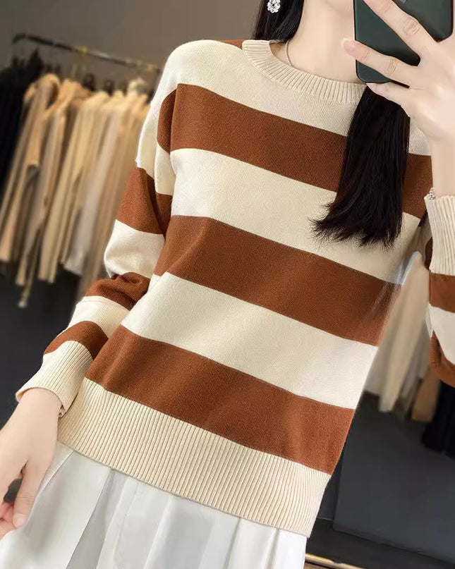 Women's Round Neck Sweater Loose-fitting Striped Long Sleeves