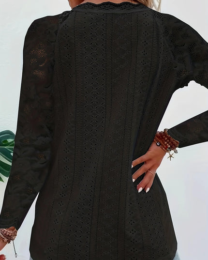 Contrast Lace V-neck Eyelet T-Shirt