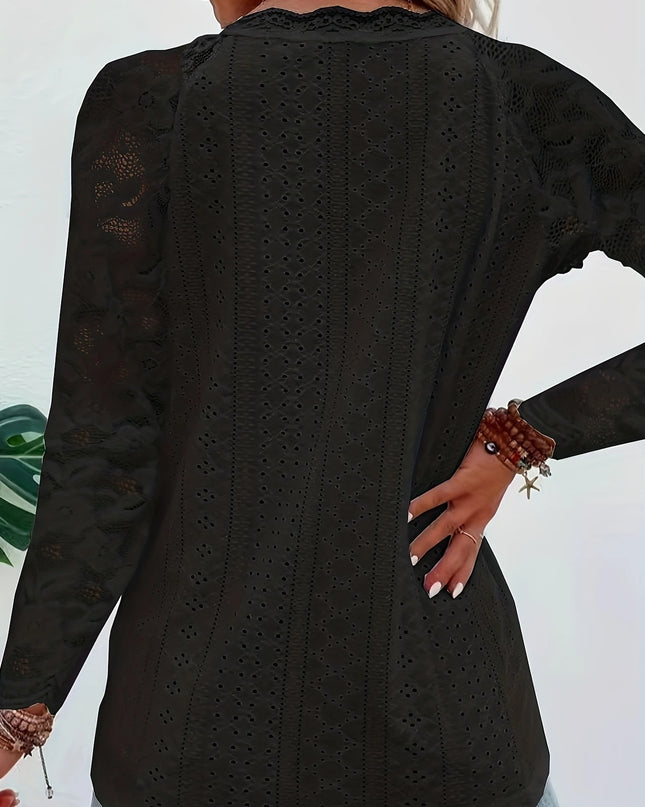 Contrast Lace V-neck Eyelet T-Shirt