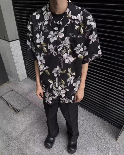 Vintage Cuban Collar Ice Silk Printed Shirt