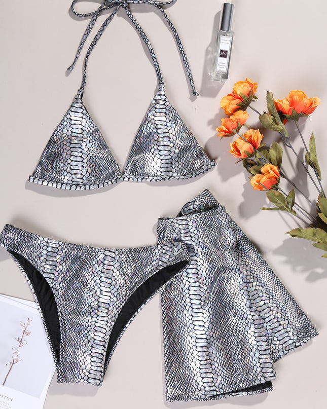 Women's Three Piece Leather Snake Print Swimsuit