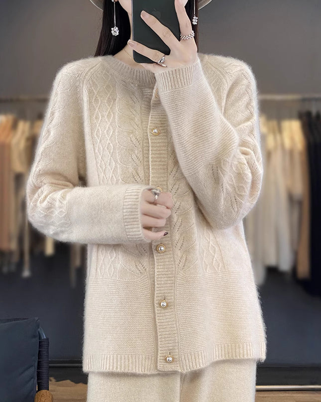 Round Neck Pure Wool Knit Cardigan Women's Long Sleeve Casual Simple