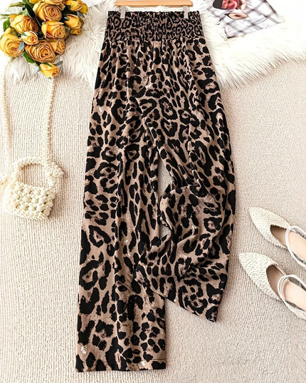 Leopard Print Floral Print Casual Jumpsuit Elastic Waist Loose Wide Leg Pants