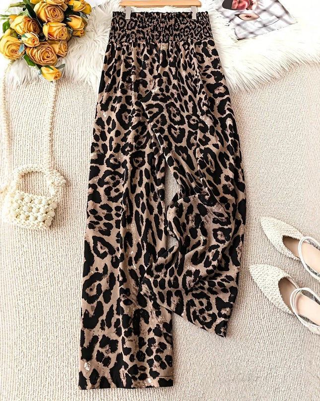 Leopard Print Floral Print Casual Jumpsuit Elastic Waist Loose Wide Leg Pants