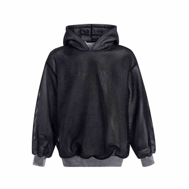 Niche Hollow Out Knitmesh Hooded Fleece Lined Sweater