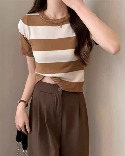 Summer New Striped Short Sleeve Women Slim Fit Slimming Top
