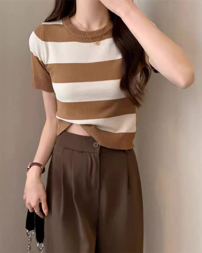 Summer New Striped Short Sleeve Women Slim Fit Slimming Top