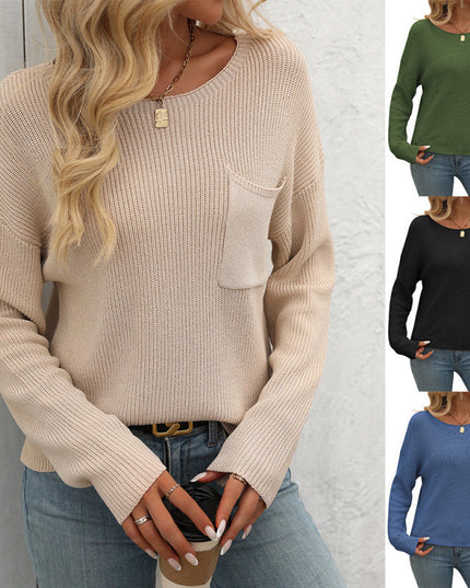 Women's Round Neck Pocket Decorative Top Long Sleeve Sweater