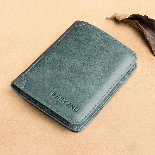 Men's Short Matte Leather Tri-fold Vertical Wallet