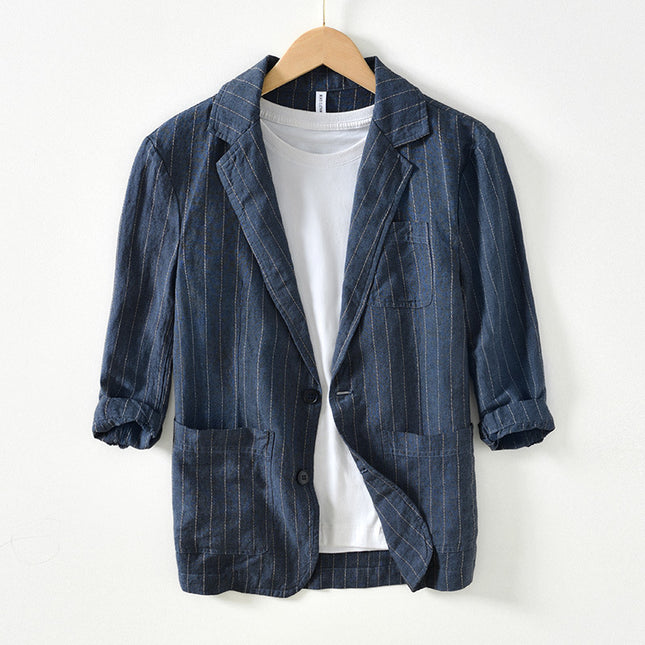 34 Sleeve Suit Jacket Men's Cotton And Linen Stripes Suit Jacket