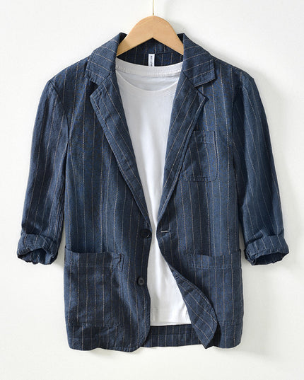 34 Sleeve Suit Jacket Men's Cotton And Linen Stripes Suit Jacket