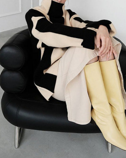 Idle Style Turtleneck Pullover Black And White Striped Sweater For Women
