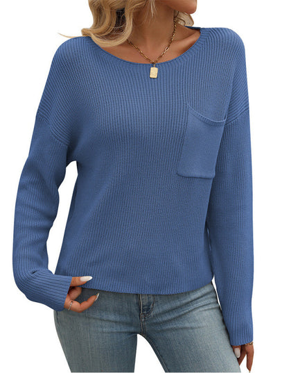 Women's Round Neck Pocket Decorative Top Long Sleeve Sweater