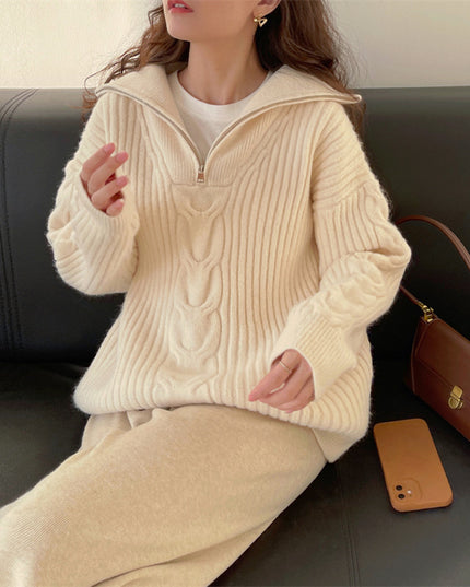 Half Zipper And Lapel Thick Sweater For Women Autumn And Winter