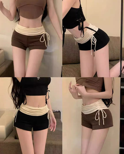 Women's Summer Pleated High Waist Contrast Color Drawstring Casual Shorts