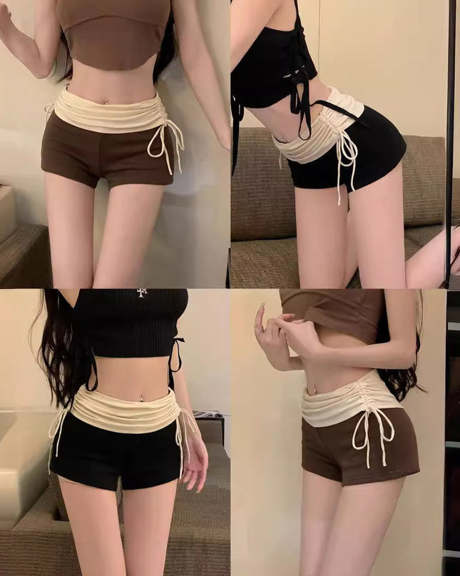 Women's Summer Pleated High Waist Contrast Color Drawstring Casual Shorts